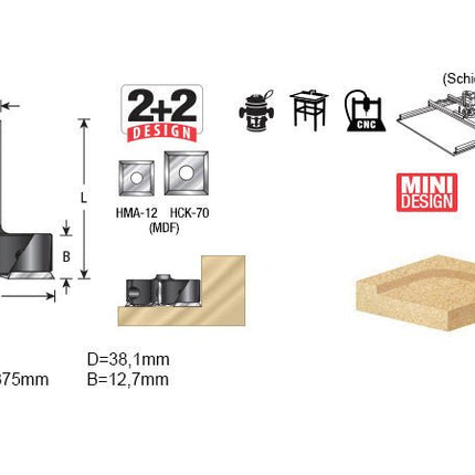 Outillage - Fraiseuse CNC numérique - Fraise Amana Tool - Amana Tool® - Fraise à surfacer - RC - 2239 - Ø38,1mm - Queue 6mm - 4x plaquette indexable (2x BAS + 2x CÔTÉ) - CNC - STEP - KALLISTO