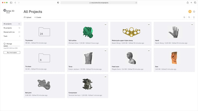 Logiciel-Plateforme de stockage et de collaboration en ligne de Numérisation 3D et Traitement numérique - ARTEC CLOUD- ARTEC - KALLISTO